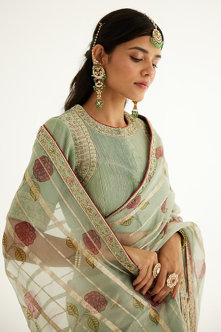 Smoke Green Silk Organza Zardosi Embroidered & Hand Block Printed Wedding Saree Set by Shyam Narayan Prasad at Pernia's Pop Up Shop