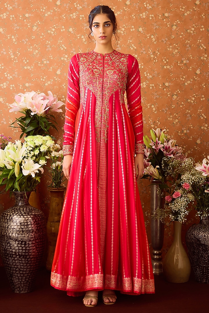 Maroon Silk Brocade Zardosi Hand Embroidered Wedding Anarkali Set by Shyam Narayan Prasad at Pernia's Pop Up Shop