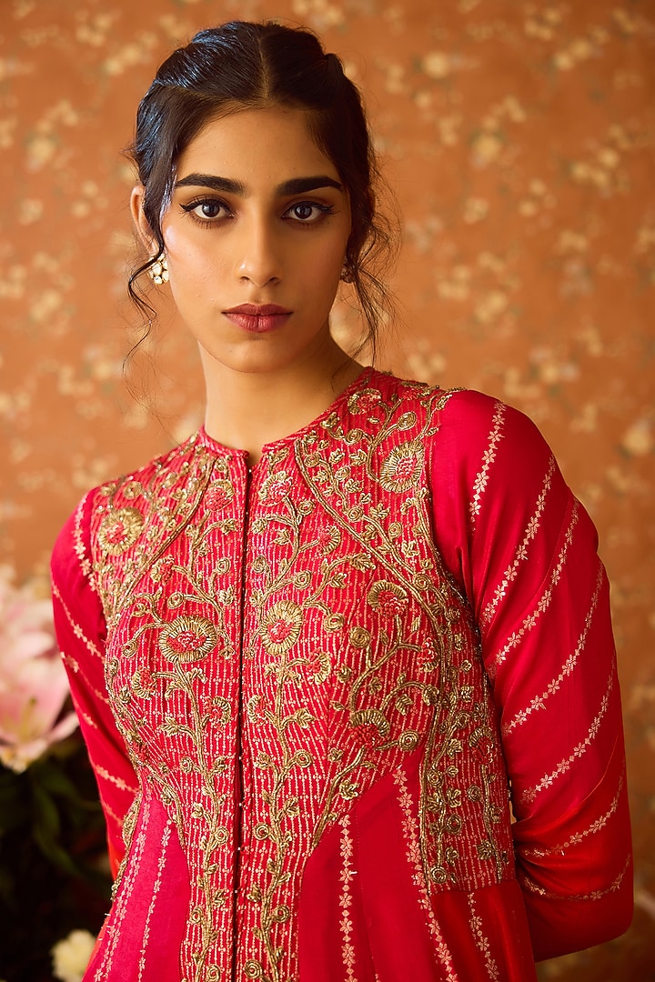 Maroon Silk Brocade Zardosi Hand Embroidered Wedding Anarkali Set by Shyam Narayan Prasad at Pernia's Pop Up Shop