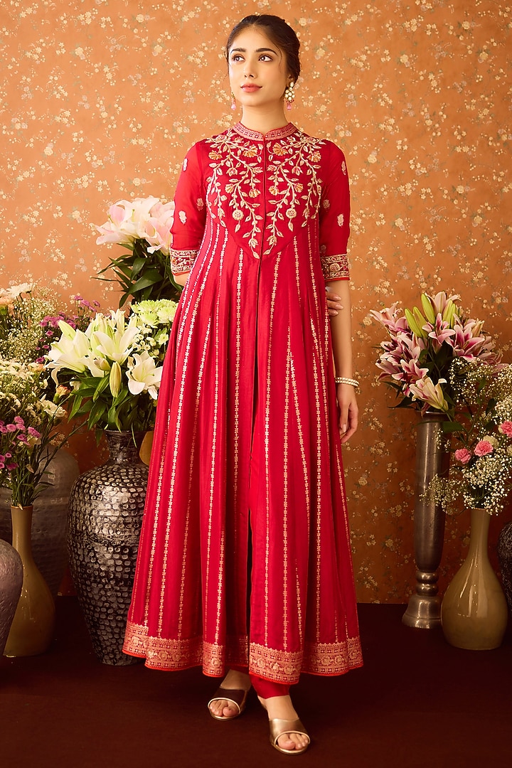 Persian Maroon Silk Brocade Zardosi Hand Embroidered Wedding Anarkali Set by Shyam Narayan Prasad at Pernia's Pop Up Shop
