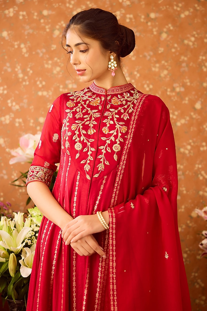 Persian Maroon Silk Brocade Zardosi Hand Embroidered Wedding Anarkali Set by Shyam Narayan Prasad at Pernia's Pop Up Shop