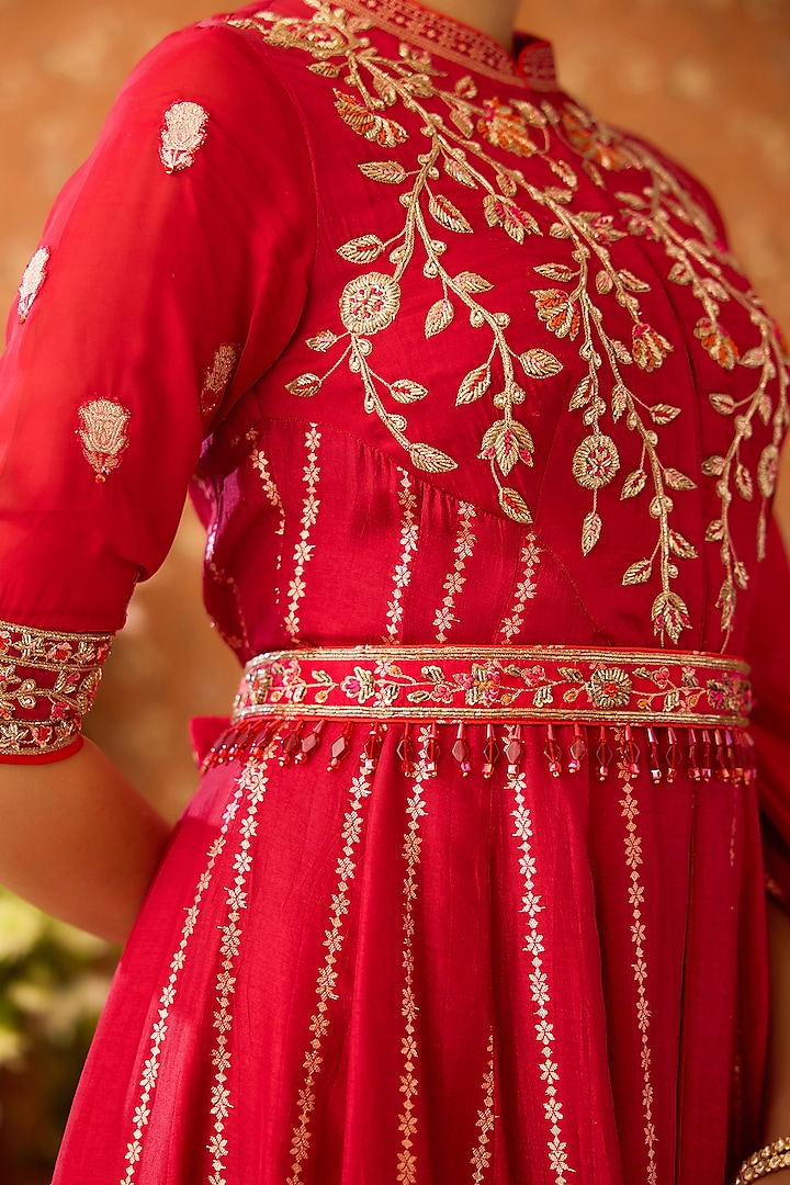 Persian Maroon Silk Brocade Zardosi Hand Embroidered Wedding Anarkali Set by Shyam Narayan Prasad at Pernia's Pop Up Shop
