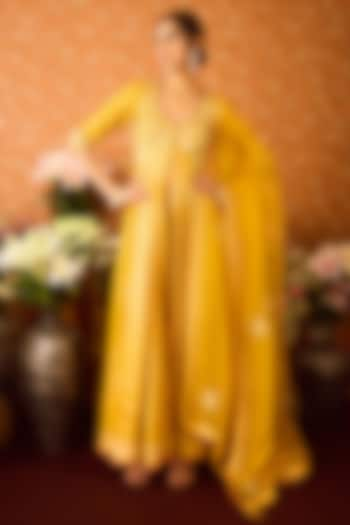 Mustard Yellow Silk Brocade Zari Dori Embroidered Pleated Anarkali Set by Shyam Narayan Prasad