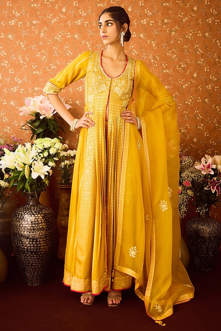 Mustard Yellow Silk Brocade Zari Dori Embroidered Pleated Anarkali Set by Shyam Narayan Prasad