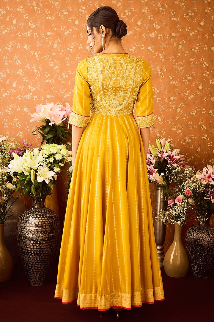 Mustard Yellow Silk Brocade Zari Dori Embroidered Pleated Wedding Anarkali Set by Shyam Narayan Prasad at Pernia's Pop Up Shop