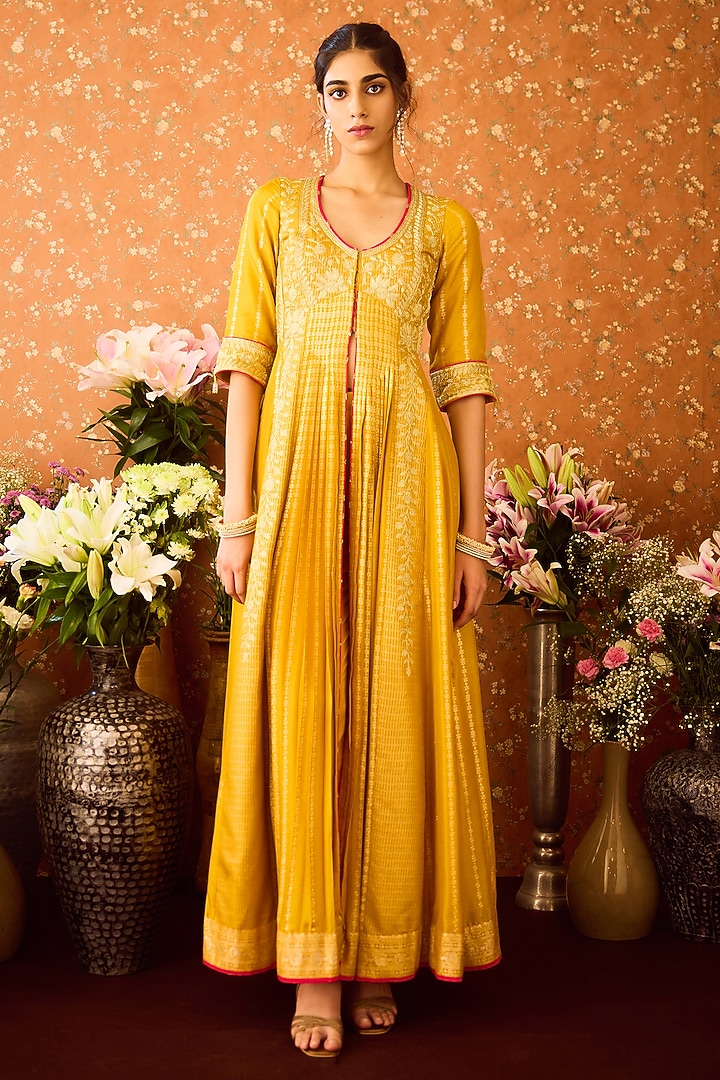 Mustard Yellow Silk Brocade Zari Dori Embroidered Pleated Wedding Anarkali Set by Shyam Narayan Prasad at Pernia's Pop Up Shop