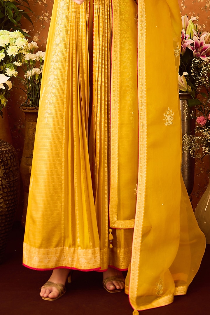 Mustard Yellow Silk Brocade Zari Dori Embroidered Pleated Wedding Anarkali Set by Shyam Narayan Prasad at Pernia's Pop Up Shop