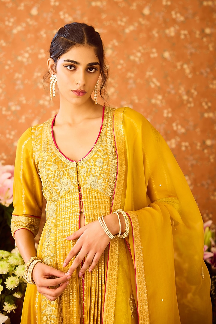 Mustard Yellow Silk Brocade Zari Dori Embroidered Pleated Wedding Anarkali Set by Shyam Narayan Prasad at Pernia's Pop Up Shop