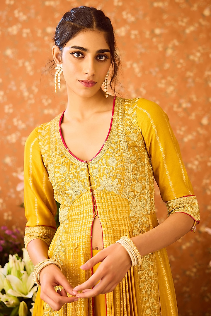 Mustard Yellow Silk Brocade Zari Dori Embroidered Pleated Wedding Anarkali Set by Shyam Narayan Prasad at Pernia's Pop Up Shop
