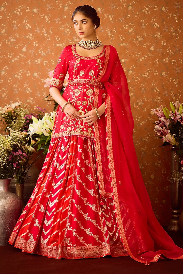 Raspberry Maroon Silk Brocade Zardosi Embroidered Wedding Lehenga Set by Shyam Narayan Prasad at Pernia's Pop Up Shop