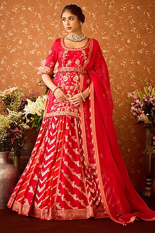 Raspberry Maroon Silk Brocade Zardosi Embroidered Lehenga Set by Shyam Narayan Prasad