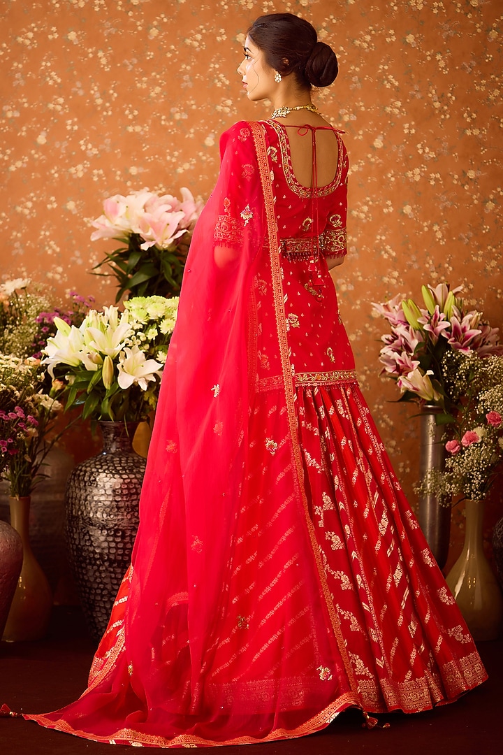 Raspberry Maroon Silk Brocade Zardosi Embroidered Wedding Lehenga Set by Shyam Narayan Prasad at Pernia's Pop Up Shop