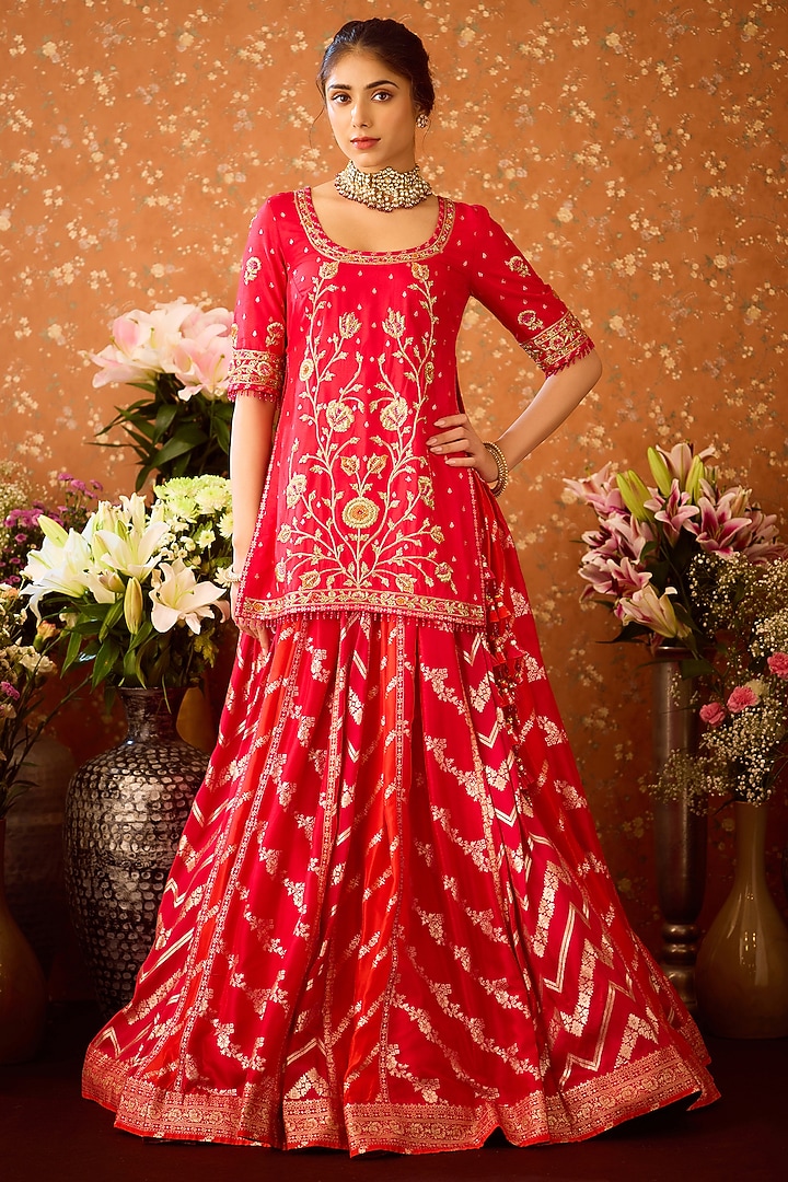 Raspberry Maroon Silk Brocade Zardosi Embroidered Wedding Lehenga Set by Shyam Narayan Prasad at Pernia's Pop Up Shop