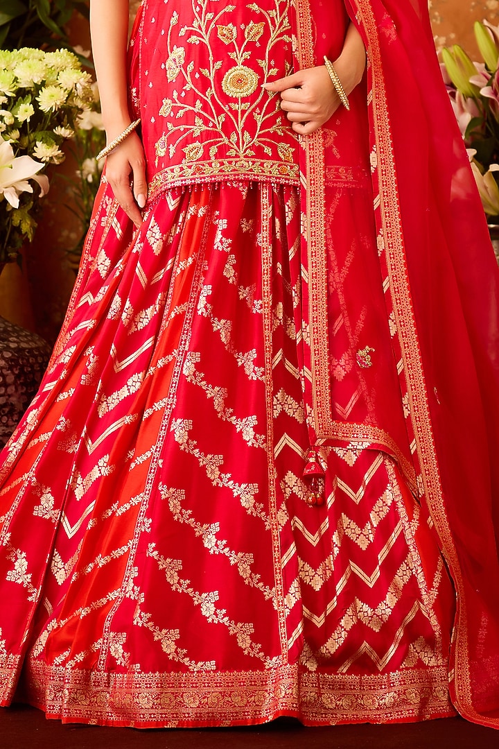Raspberry Maroon Silk Brocade Zardosi Embroidered Wedding Lehenga Set by Shyam Narayan Prasad at Pernia's Pop Up Shop