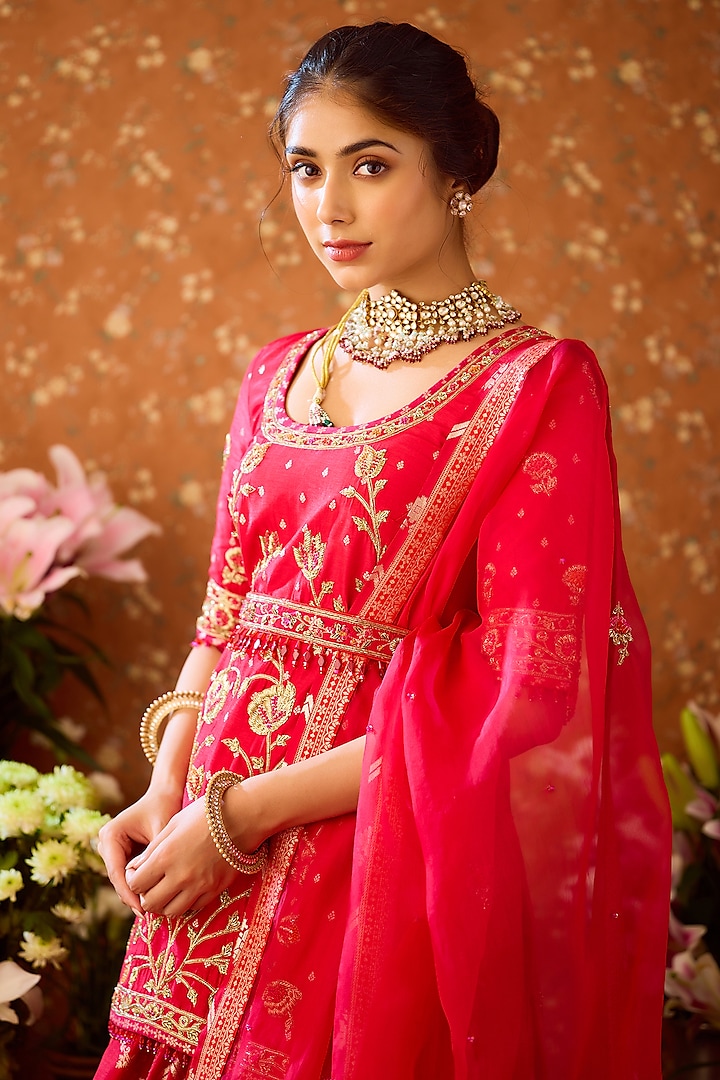 Raspberry Maroon Silk Brocade Zardosi Embroidered Wedding Lehenga Set by Shyam Narayan Prasad at Pernia's Pop Up Shop