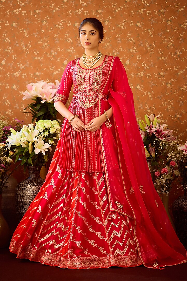 Maroon Red Silk Brocade Zardosi Embroidered Wedding Lehenga Set by Shyam Narayan Prasad at Pernia's Pop Up Shop