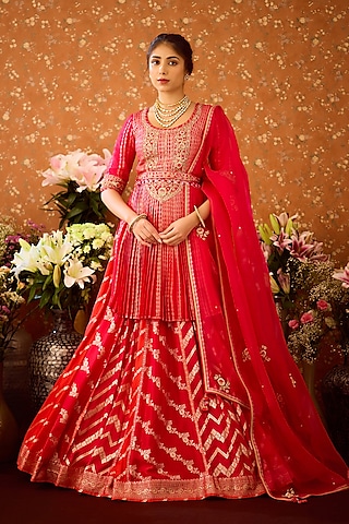 Maroon Red Silk Brocade Zardosi Embroidered Lehenga Set by Shyam Narayan Prasad