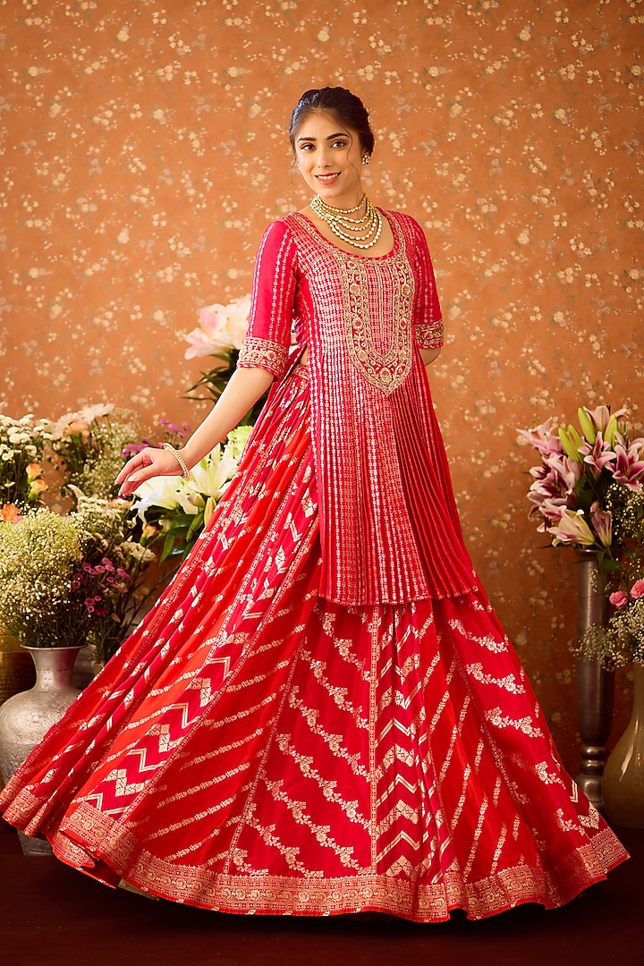 Maroon Red Silk Brocade Zardosi Embroidered Wedding Lehenga Set by Shyam Narayan Prasad at Pernia's Pop Up Shop