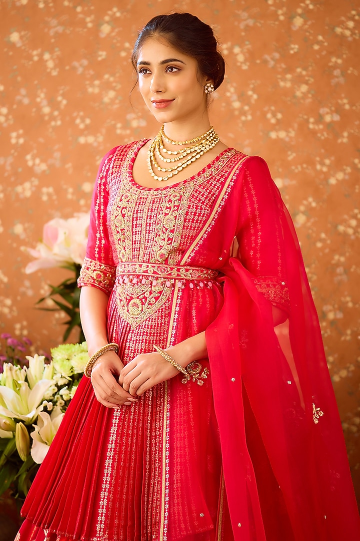 Maroon Red Silk Brocade Zardosi Embroidered Wedding Lehenga Set by Shyam Narayan Prasad at Pernia's Pop Up Shop