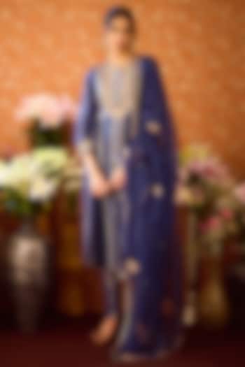 Spectrum Blue Silk Brocade Zardosi Embroidered Kurta Set by Shyam Narayan Prasad at Pernia's Pop Up Shop