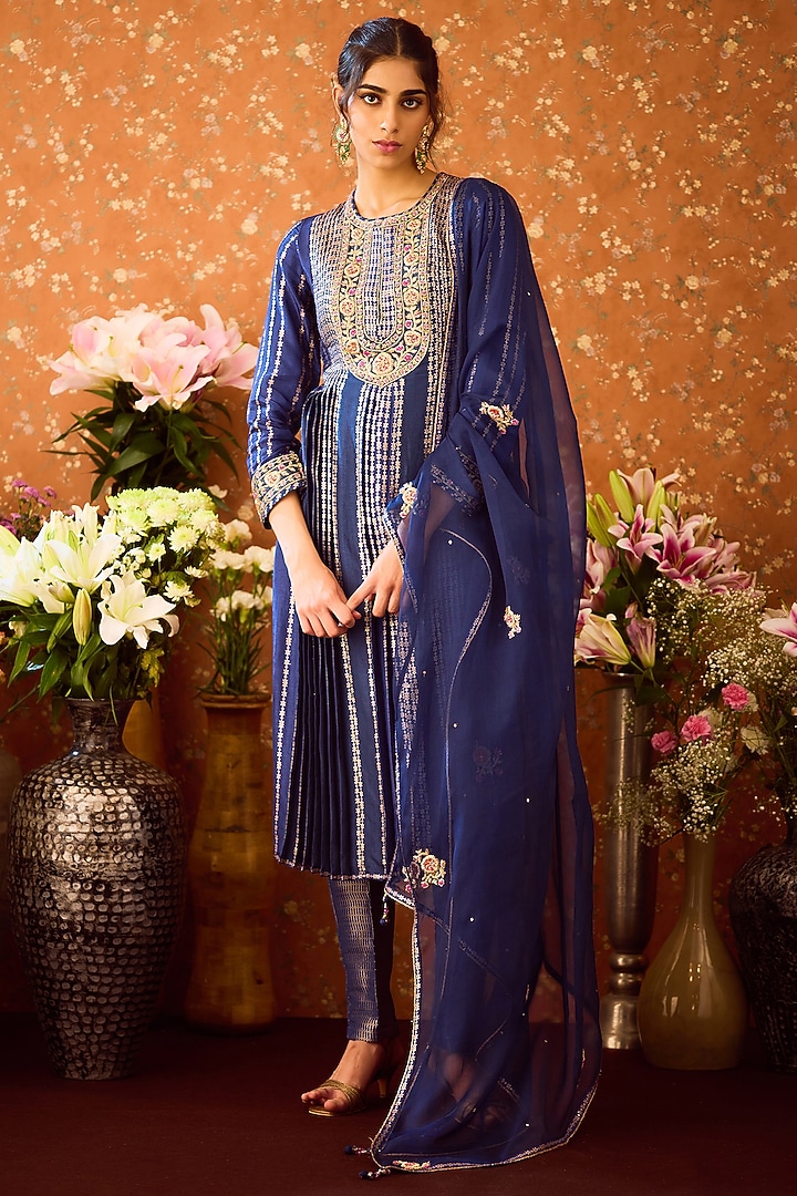 Spectrum Blue Silk Brocade Zardosi Embroidered Kurta Set by Shyam Narayan Prasad at Pernia's Pop Up Shop