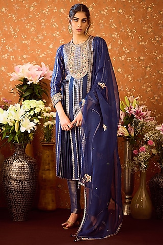 Spectrum Blue Silk Brocade Zardosi Embroidered Kurta Set by Shyam Narayan Prasad