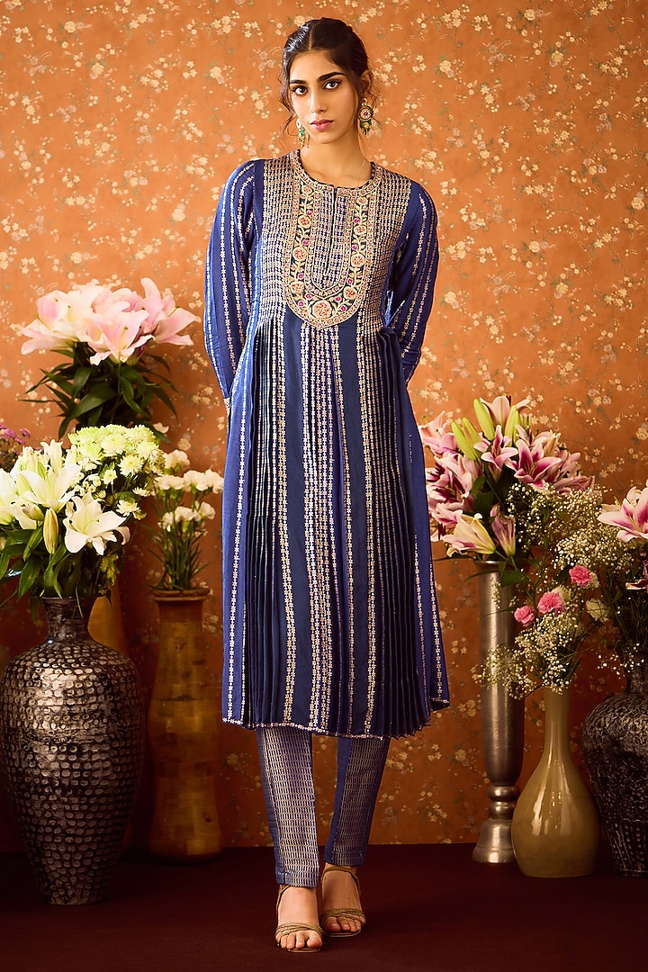 Spectrum Blue Silk Brocade Zardosi Embroidered Kurta Set by Shyam Narayan Prasad at Pernia's Pop Up Shop