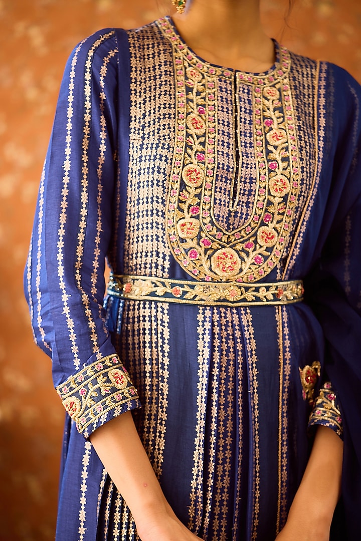 Spectrum Blue Silk Brocade Zardosi Embroidered Kurta Set by Shyam Narayan Prasad at Pernia's Pop Up Shop
