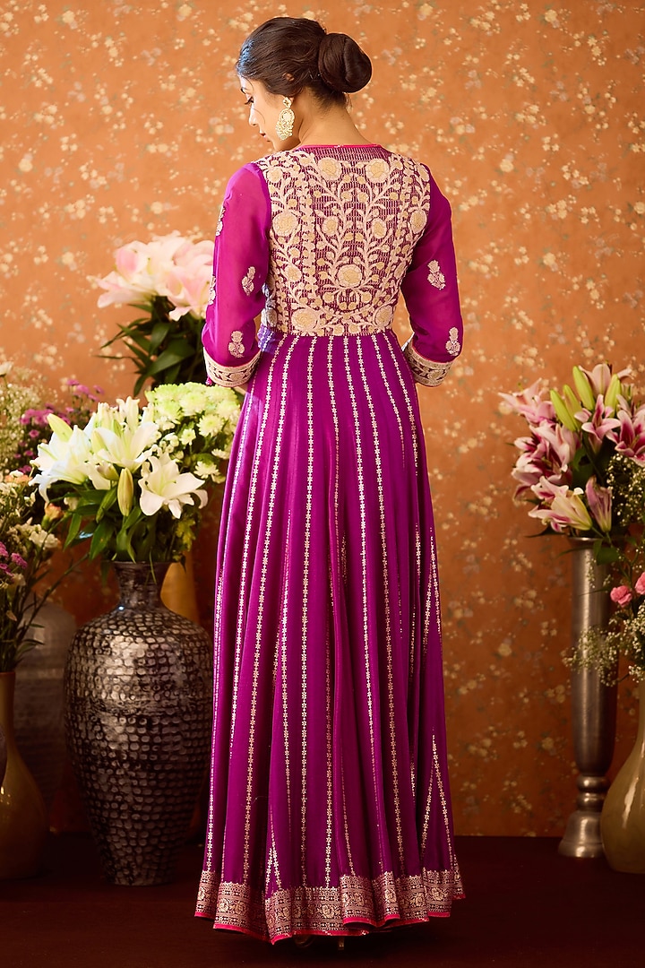 Imperial Purple Silk Brocade Applique Embroidered Wedding Anarkali Set by Shyam Narayan Prasad at Pernia's Pop Up Shop