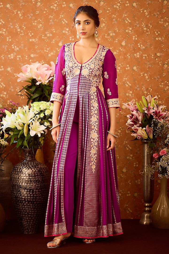 Imperial Purple Silk Brocade Applique Embroidered Wedding Anarkali Set by Shyam Narayan Prasad at Pernia's Pop Up Shop
