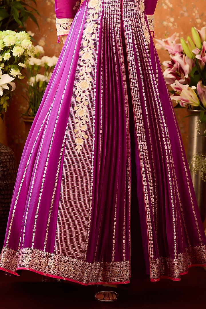 Imperial Purple Silk Brocade Applique Embroidered Wedding Anarkali Set by Shyam Narayan Prasad at Pernia's Pop Up Shop