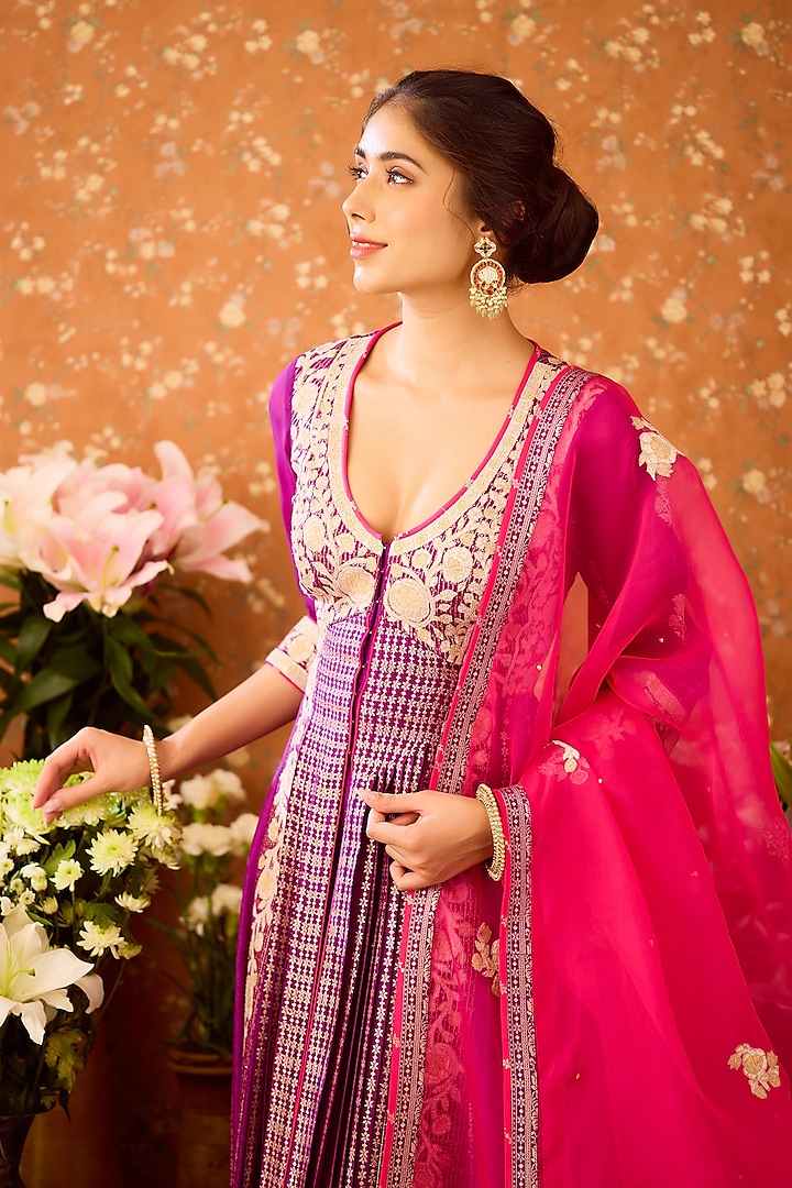 Imperial Purple Silk Brocade Applique Embroidered Wedding Anarkali Set by Shyam Narayan Prasad at Pernia's Pop Up Shop