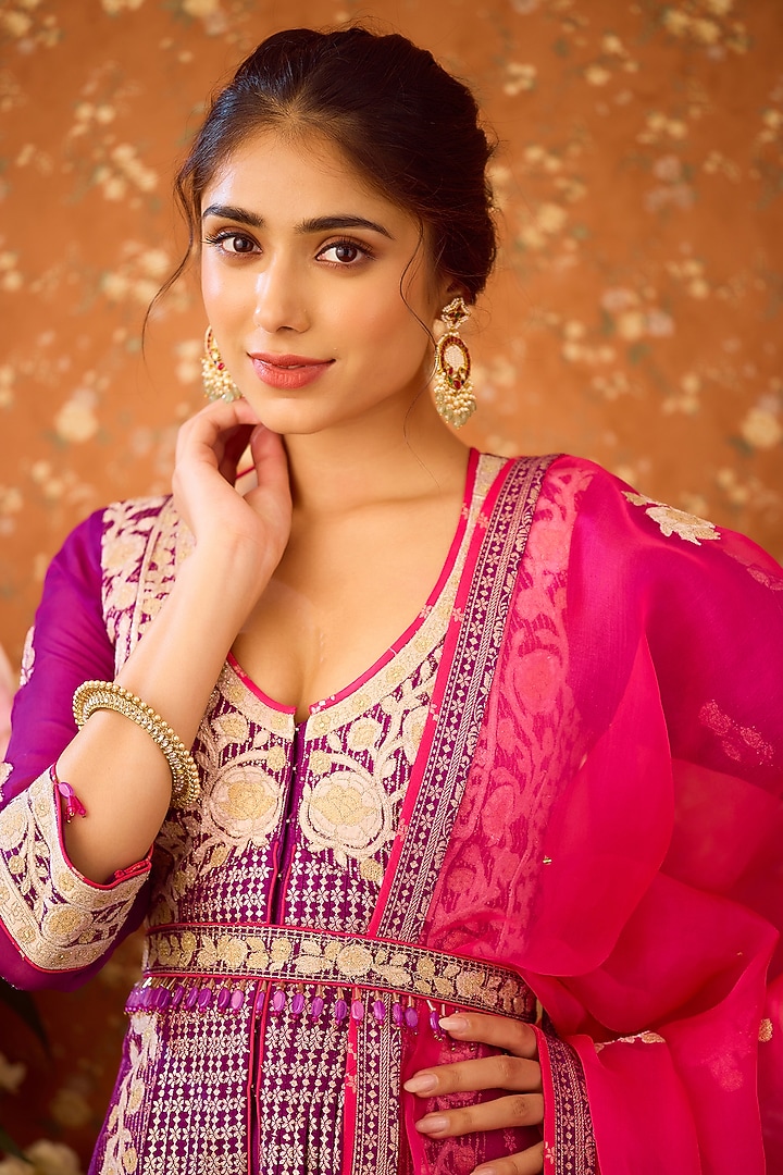Imperial Purple Silk Brocade Applique Embroidered Wedding Anarkali Set by Shyam Narayan Prasad at Pernia's Pop Up Shop