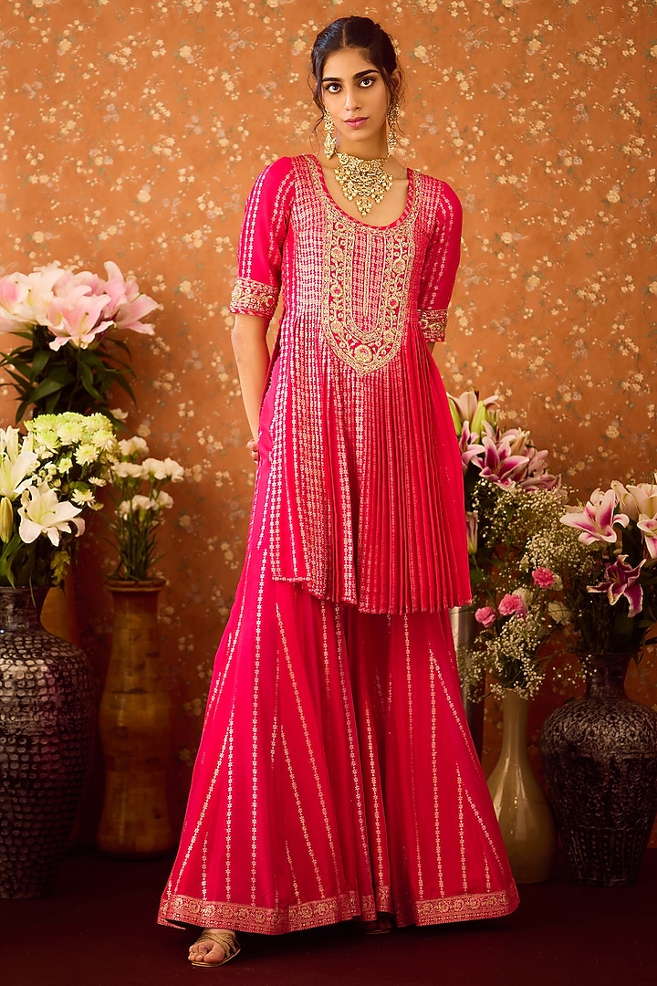 Maroon Red Silk Brocade Zardosi Embroidered Wedding Sharara Set by Shyam Narayan Prasad at Pernia's Pop Up Shop