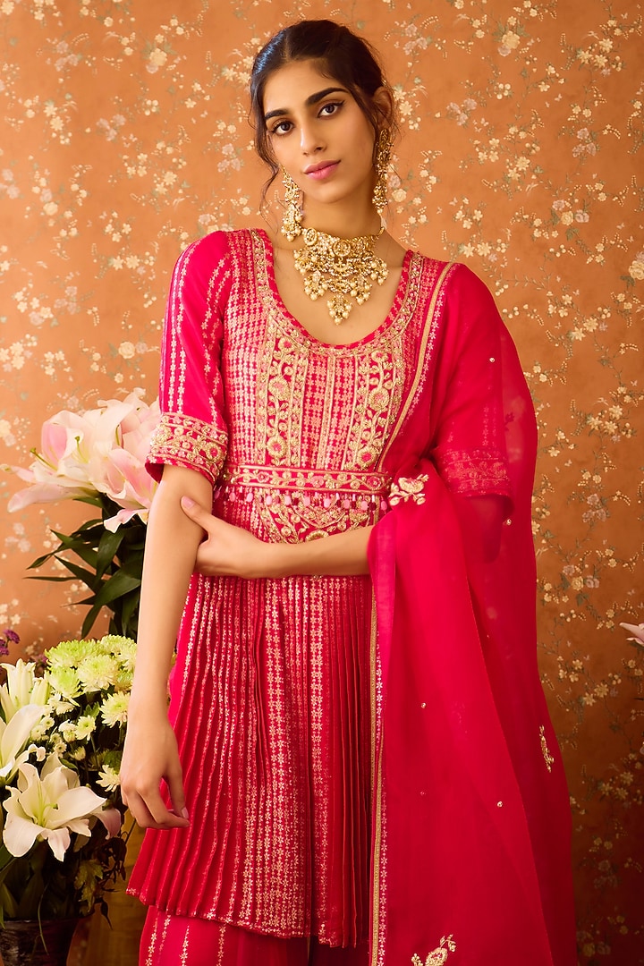Maroon Red Silk Brocade Zardosi Embroidered Wedding Sharara Set by Shyam Narayan Prasad at Pernia's Pop Up Shop