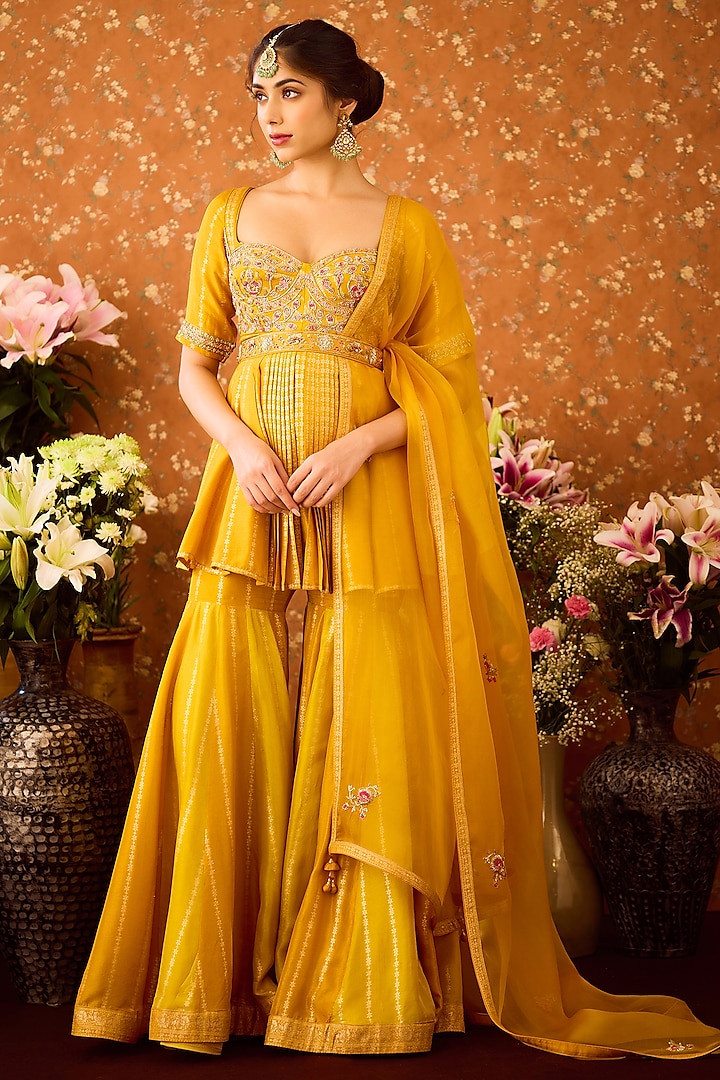 Mustard Yellow Silk Brocade Zardosi Embroidered Sharara Set by Shyam Narayan Prasad at Pernia's Pop Up Shop