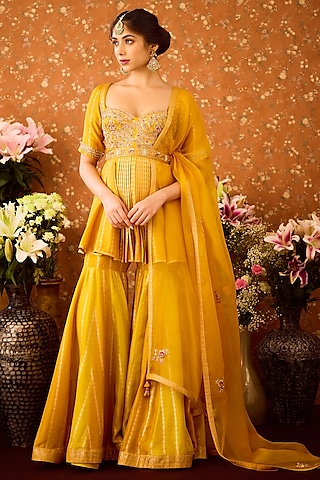 Mustard Yellow Silk Brocade Zardosi Embroidered Sharara Set by Shyam Narayan Prasad