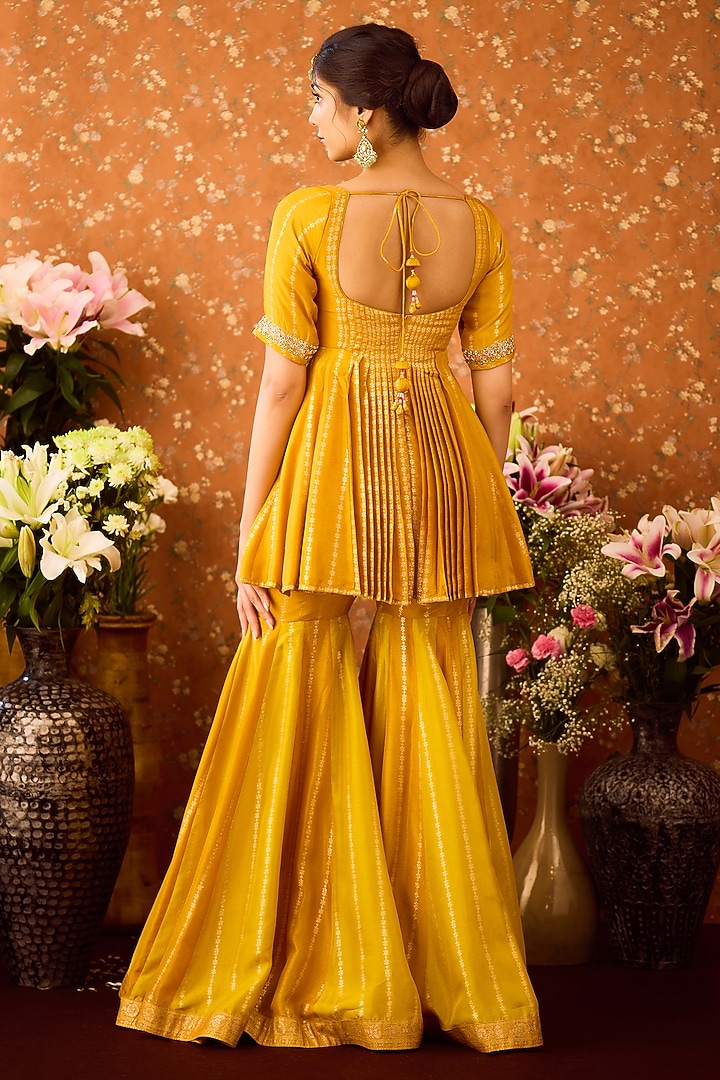Mustard Yellow Silk Brocade Zardosi Embroidered Wedding Sharara Set by Shyam Narayan Prasad at Pernia's Pop Up Shop