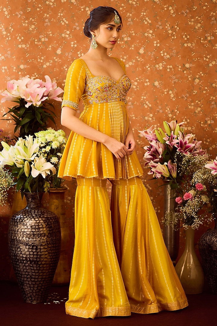 Mustard Yellow Silk Brocade Zardosi Embroidered Wedding Sharara Set by Shyam Narayan Prasad at Pernia's Pop Up Shop