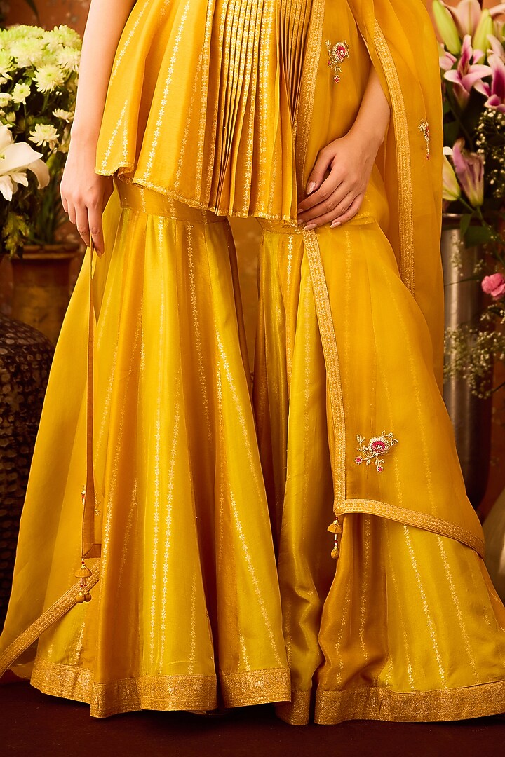 Mustard Yellow Silk Brocade Zardosi Embroidered Wedding Sharara Set by Shyam Narayan Prasad at Pernia's Pop Up Shop