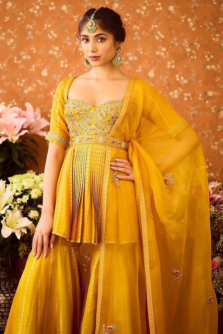 Mustard Yellow Silk Brocade Zardosi Embroidered Wedding Sharara Set by Shyam Narayan Prasad at Pernia's Pop Up Shop