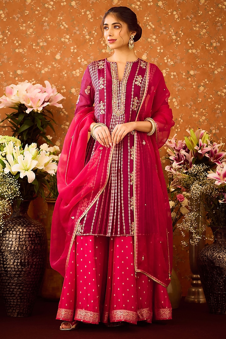 Scarlet Purple Silk Brocade Sharara Set by Shyam Narayan Prasad at Pernia's Pop Up Shop