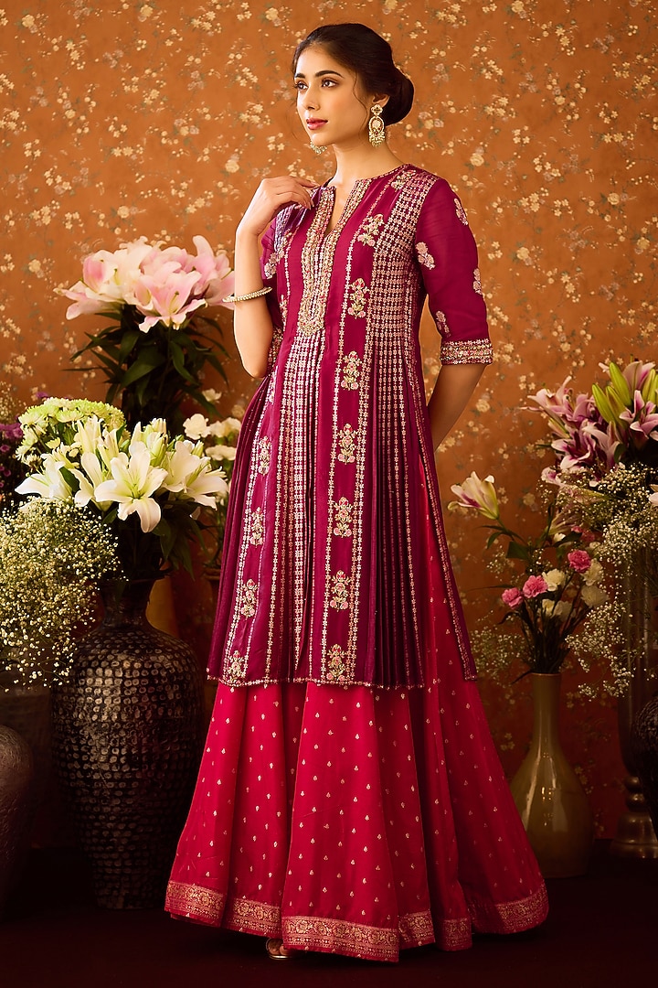 Scarlet Purple Silk Brocade Wedding Sharara Set by Shyam Narayan Prasad at Pernia's Pop Up Shop