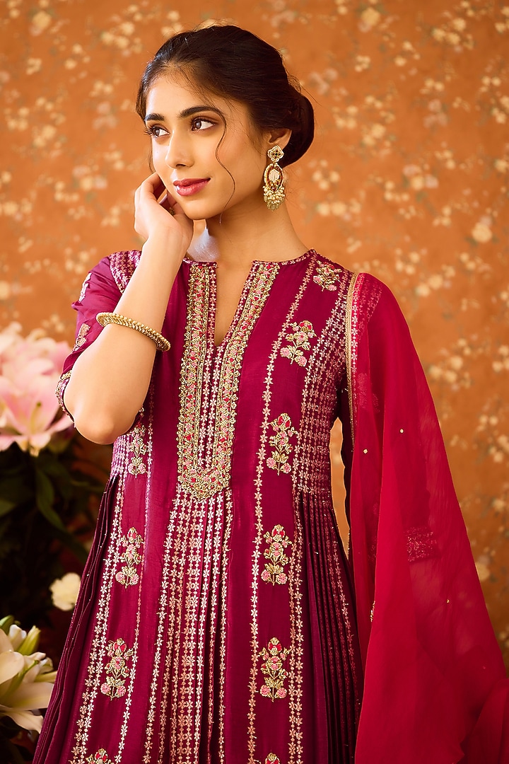 Scarlet Purple Silk Brocade Wedding Sharara Set by Shyam Narayan Prasad at Pernia's Pop Up Shop