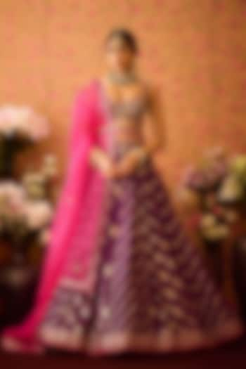 Purple Silk Brocade Zardosi Embroidered Paneled Wedding Lehenga Set by Shyam Narayan Prasad at Pernia's Pop Up Shop