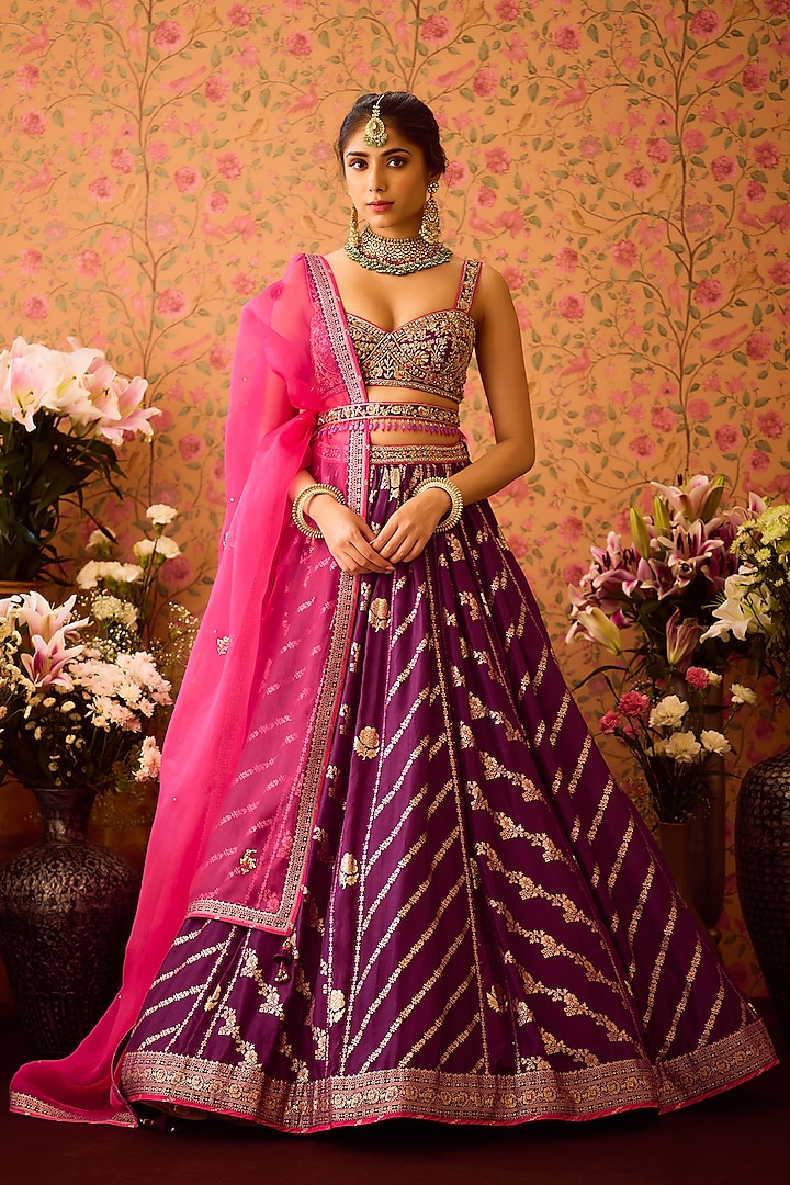 Purple Silk Brocade Zardosi Embroidered Paneled Wedding Lehenga Set by Shyam Narayan Prasad at Pernia's Pop Up Shop