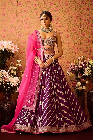 Purple Silk Brocade Zardosi Embroidered Paneled Lehenga Set by Shyam Narayan Prasad