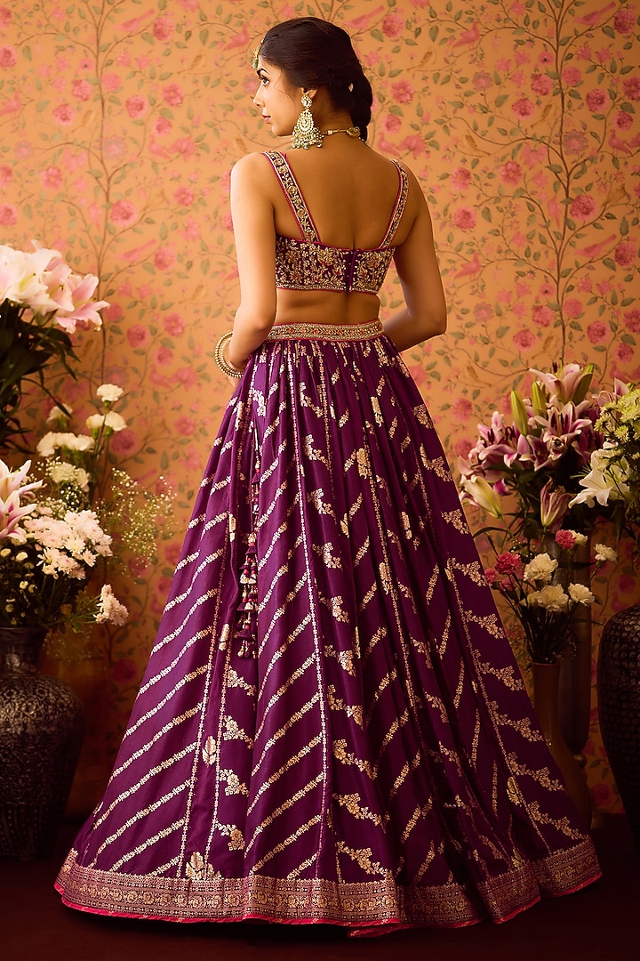 Purple Silk Brocade Zardosi Embroidered Paneled Wedding Lehenga Set by Shyam Narayan Prasad at Pernia's Pop Up Shop
