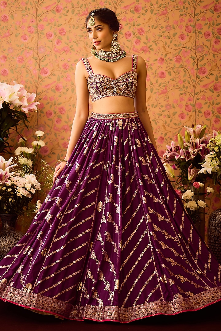 Purple Silk Brocade Zardosi Embroidered Paneled Wedding Lehenga Set by Shyam Narayan Prasad at Pernia's Pop Up Shop