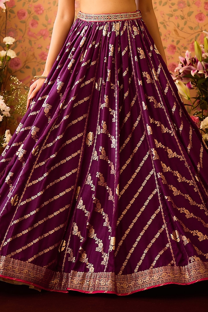 Purple Silk Brocade Zardosi Embroidered Paneled Wedding Lehenga Set by Shyam Narayan Prasad at Pernia's Pop Up Shop